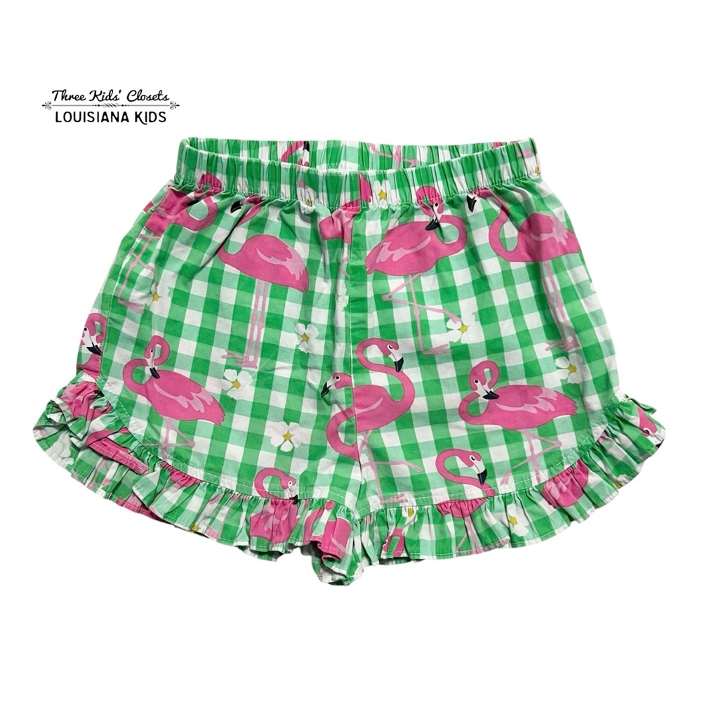 Kelly’s Kids 4-5Y Green Gingham Pink Flamingo Print Ruffle Shorts